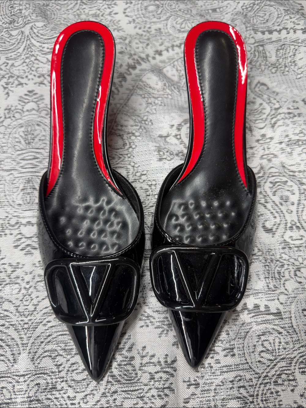 Black Patent Pointed-Toe Slide Heels with Red Insole - Size (37) 6